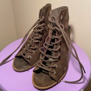 Dark green chunky lace up heel booties